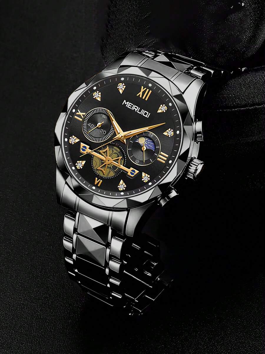 1pc Men's Steel Band Rhinestone Luminous Moon Phase Quartz Wrist Watch, High-End Fashion Korean Style Casual Business
