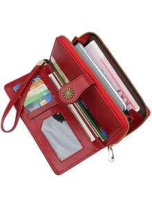 Nova Carteira Feminina de Couro PU, Carteira Casual Longa Feminina com Grande Capacidade, Porta-Moedas, Porta-Cartões, Alça de Pulso e Compartimento para Telefone, Adequada para Uso Diário, Aniversário, Volta às Aulas e Presente para Mulheres - Vinho - Visão 2