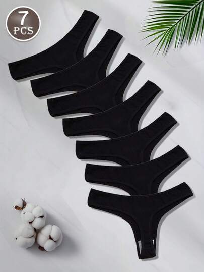 7pcs/Pack Women's Cotton Seamless Thong Panties, High Elasticity, Low Waist, Black Color, Suitable For Sports & Fitness