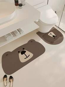 1/3 pièces Tapis de bain rétro antidérapants et absorbants, tapis de toilette en forme de U en gel de silice et tapis de vanité, décoration d'entrée de 2,5 mm d'épaisseur, décoration de salle de bain et de cuisine, tapis de cuisine - Ours brun mignon - Voir 3