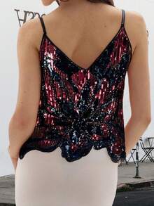 Women's Glitter Sequin Cami Tops Sleeveless Spaghetti Strap V Neck Camisole Summer Clubwear - Đỏ - Xem 6