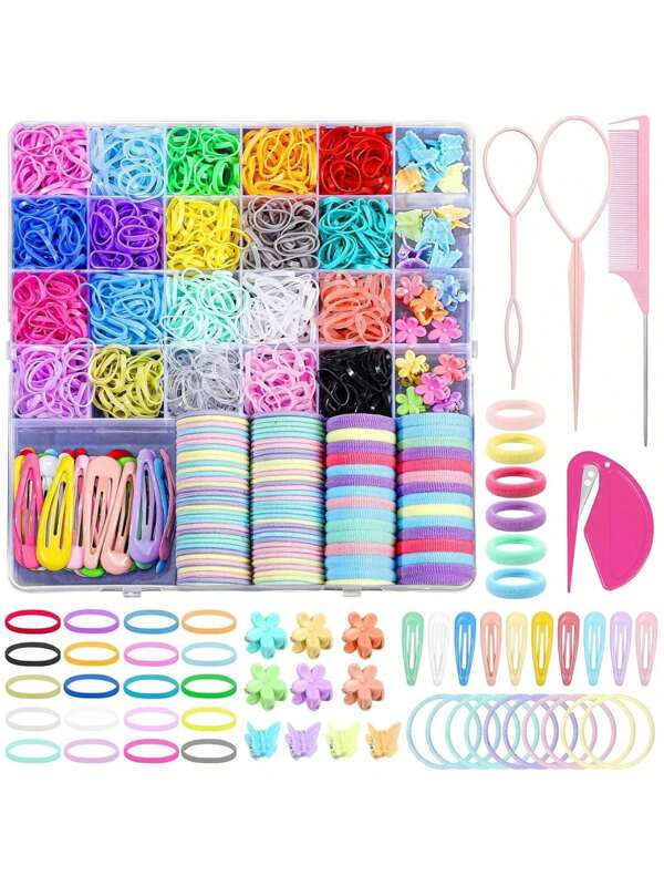 Kit de acessórios de cabelo coloridos para meninas com 1545 peças, incluindo elásticos, presilhas, faixas de cabelo, presilhas de borboleta, presilhas de flores, pente de rabo, em caixa para guardar. Adequado para crianças, atende a diversas necessidades de combinação de cores de cabelo, cria penteados modernos, conjunto completo - essencial para o dia a dia, presente de volta às aulas.