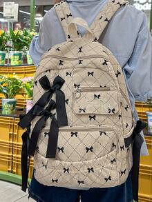 时尚蝴蝶结印花大容量背包 - 米色 - 查看 3