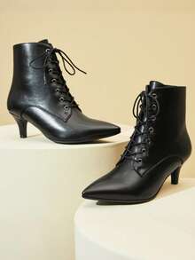 Elegant Women's Ankle Boots Black Pointed Toe Lace Up Low Heel Kitten Heel Boots Comfortable Work Office Zipper Motorcycle Boots For Women - Black PU - View 4