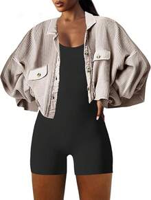 Women's Cropped Waffle Knit Shacket Short Button Down Jacket Batwing Sleeve Shirts With Pocket/Vacation Outfits Women/Valentine Outfits For Women - 淺卡其色 - 查看 4