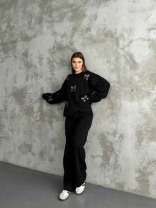 Women Casual Heart Pattern Round Neck Long Sleeve Pullover Top And Long Pants Set, Embroidery Design - Black - View 2