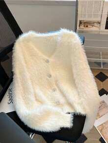 Áo khoác cardigan nữ màu trơn thanh lịch kiểu retro lãng mạn, tay dài, cài cúc, cổ lông giả, cổ chữ V, thích hợp cho tiệc trà, đi học, dự tiệc, hẹn hò, mặc hàng ngày, du lịch, đầu xuân, mọi mùa. Màu trắng. - trắng - Xem 1