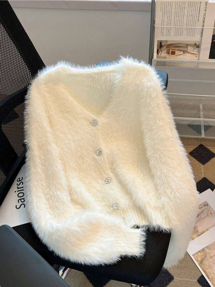 Áo khoác cardigan nữ màu trơn thanh lịch kiểu retro lãng mạn, tay dài, cài cúc, cổ lông giả, cổ chữ V, thích hợp cho tiệc trà, đi học, dự tiệc, hẹn hò, mặc hàng ngày, du lịch, đầu xuân, mọi mùa. Màu trắng. - trắng - Xem 1