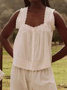 Women Sleeveless Lace Eyelet Crop Tank Top Square Neck Button Down Casual Vest Shirts Summer Boho Blouse - 白色 - 查看 1