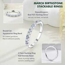Birthstone Rings Eternity Band 925 Sterling Silver/Yellow Gold Created Gemstone Stackable Wedding Band Half Eternity Rings For Women Size 6 To 102025 - 03. 三月 / 創作海藍寶石 - 查看 3