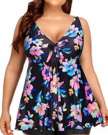 Plus Size Flowy Tankini Top For Women - Modest Bathing Suit - 多彩花卉 - 查看 3