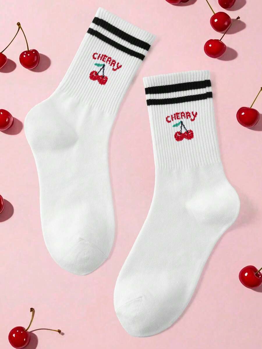 1 Pair Women Cute Cherry Pattern Round Neck Socks, Suitable For School Students Daily Life, Fall - Red - View 1