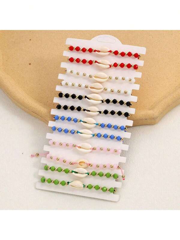 12 pièces/set Bracelet tressé avec perles de coquillages factices style océan (avec carte individuelle)