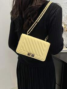 时尚新款纯色PU压花迷你单肩包街头通勤斜挎包简约女士链条小方包 - 黃色 - 查看 3