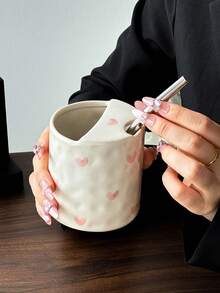 1 buah Mug Keramik Hati Merah & Pink dengan Sedotan, Gaya Korea yang Lucu, Pegangan yang Nyaman, Pola Hati yang Dilukis Tangan, Cocok untuk Sarapan di Rumah, Susu, Teh, Air, Jus, Kantor, Teh Sore untuk Pacar, Hari Valentine - MultiWarna - View 8