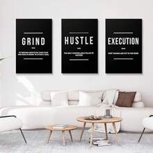 GUBIYU Black Hustle Grind Execution Wall Art Set Of 3 Framed Canvas Office Inspirational Motiviational Wall Decor Art Positive Quotes Posters Living Room Pictures Walls Decor Mens Guys 12x16 - Black 001 - 查看 3