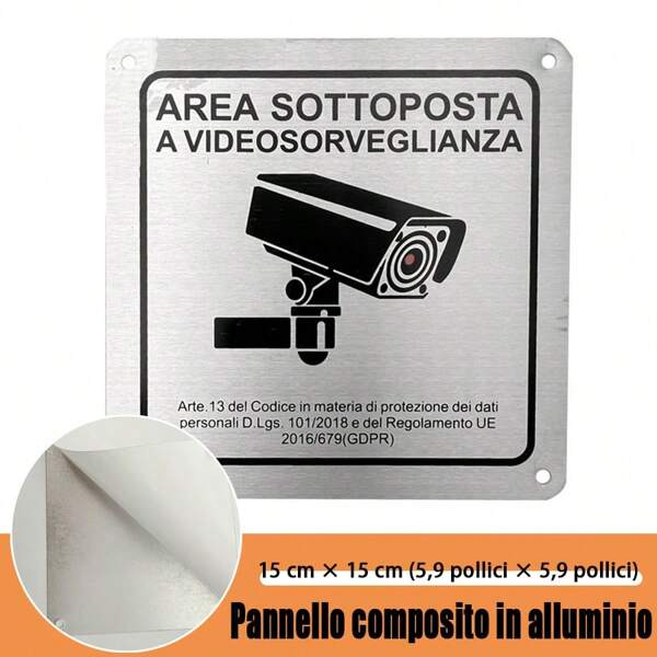 Italian Aluminum Monitoring Sign AREA SOTTOPOSTA A VIDEOSORVEGLIANZA Self-Adhesive Plate