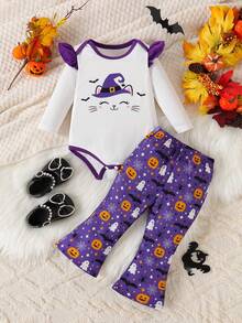 Bộ quần áo bé gái Halloween gồm bodysuit tay dài bèo nhún in hoạt hình mèo và dơi dễ thương + quần ống loe thường ngày in ma và bí ngô Halloween - Màu tím - Xem 1