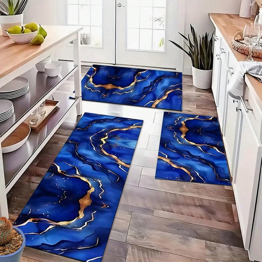 1 Stück goldene Samt Blau Abstrakte Kunst Flur Matte, Luxuriöser dekorativer Wohnzimmer Teppich, Weiche bequeme Lässig Laufmatte rutschfest waschbar Küchenboden Matten, Rutschfest Diatomit Küchenteppich, Küchenmatten - Verschiedenfarbig - Übersicht 1