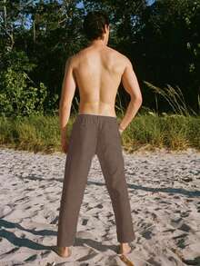 Pantalones rectos de lino para hombre, de un solo color, con cordón y bolsillo, de ajuste relajado - Café integral - Ver 3