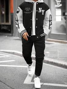 2pcs/Set Tween Boys Color Block Splice Crew Neck Sweatshirt Jacket And Loose Drawstring Sweatpants Set, Autumn/Winter - Black - View 1