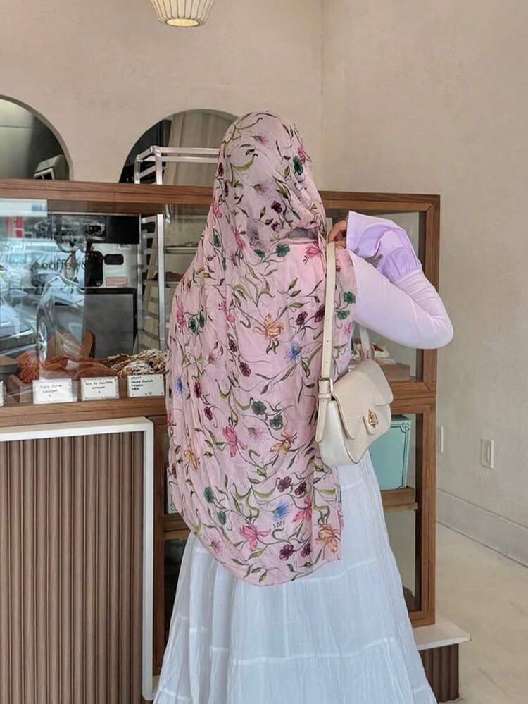 1件装女士花卉印花头巾，时尚优雅简约清新，轻盈舒适，四季皆宜，适合日常穿着和穿着长袍祈祷。 - 粉色 - 查看 3