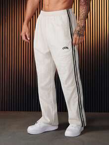 1pc Men's Casual Pants With Double Bars, Fashionable Printed Design In Taslon Fabric, Suitable For Beach, Daily Commute, Sports & Outdoor Activities, Loose Straight Leg Style, Suitable For Spring, Summer, Autumn And Winter, Fashionable Street Style, Gift For Boyfriend/Husband, Anniversary Gift, Fall - Beige - View 2
