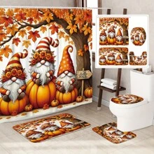 1/4 Pcs Thanksgiving Autumn Shower Curtain Set, Pumpkin & Maple Leaf Cute Harvest Burnt Orange Waterproof Polyester Washable Autumn Bathroom Shower Home Decor Gift With 12 Hooks Non-Slip Bath Mat U-Shaped Toilet Seat Cover