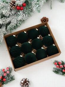 12 piezas Adornos de árbol de Navidad de terciopelo, Decoraciones navideñas alegres, Decoraciones de bolas de Navidad verde oscuro, Bolas de Navidad, Adornos colgantes navideños, Decoración navideña para el hogar, Decoración navideña, Regalo de Navidad - Verde Oscuro - Ver 1
