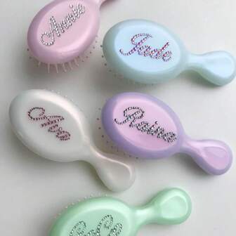 Pearlescent Macaron Color Customized Name Mini Air Cushion Small Comb With Rhinestones, English, Portable Massage Brush