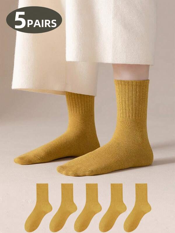 1 Paio/5 Paia di Calzini Giallo Senape, Calzini Casual Comodi e Morbidi da Donna in Stile Minimalista, Sportivo, Elegante, Malinconico e Maturo per la Campagna, Calzini Autunnali