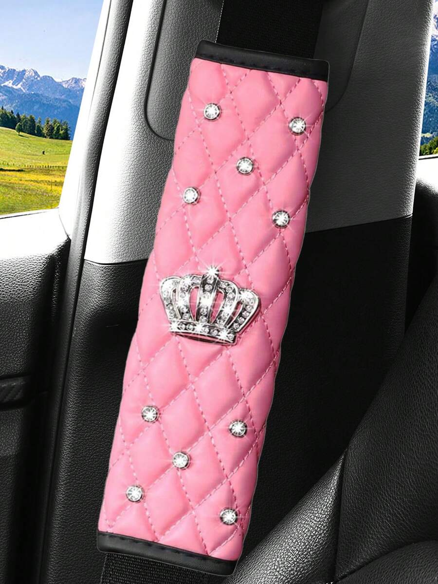 1 件 PU 仿羊皮软水钻皇冠闪亮汽车肩垫安全带套，长度 9.05 英寸，汽车配件