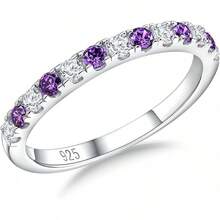 Birthstone Rings Eternity Band 925 Sterling Silver/Yellow Gold Created Gemstone Stackable Wedding Band Half Eternity Rings For Women Size 6 To 102025 - 02. 二月 / 創作紫水晶 - 查看 1