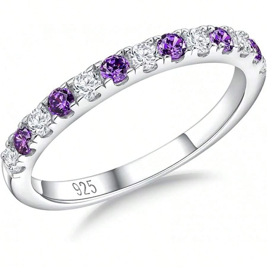 Birthstone Rings Eternity Band 925 Sterling Silver/Yellow Gold Created Gemstone Stackable Wedding Band Half Eternity Rings For Women Size 6 To 102025 - 02. 二月 / 創作紫水晶 - 查看 1