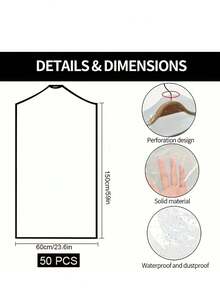 50 个塑料透明服装防尘袋，透明挂衣保护袋，适用于衬衫、连衣裙和外套卧室、收纳袋、家庭收纳、适用于女士白色 T 恤、女士黑色裤子、女士冬装、连衣裙、女士冬装、优雅女士连衣裙、女士白衬衫、长袖、女士白色连体裤、女士春季连衣裙、女士春季服装、春季、春装、简约、夏季上衣收纳