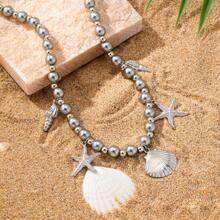 1 pieza Collar para mujer con cuentas de perla y conchas y estrellas de mar en estilo francés con elementos marinos