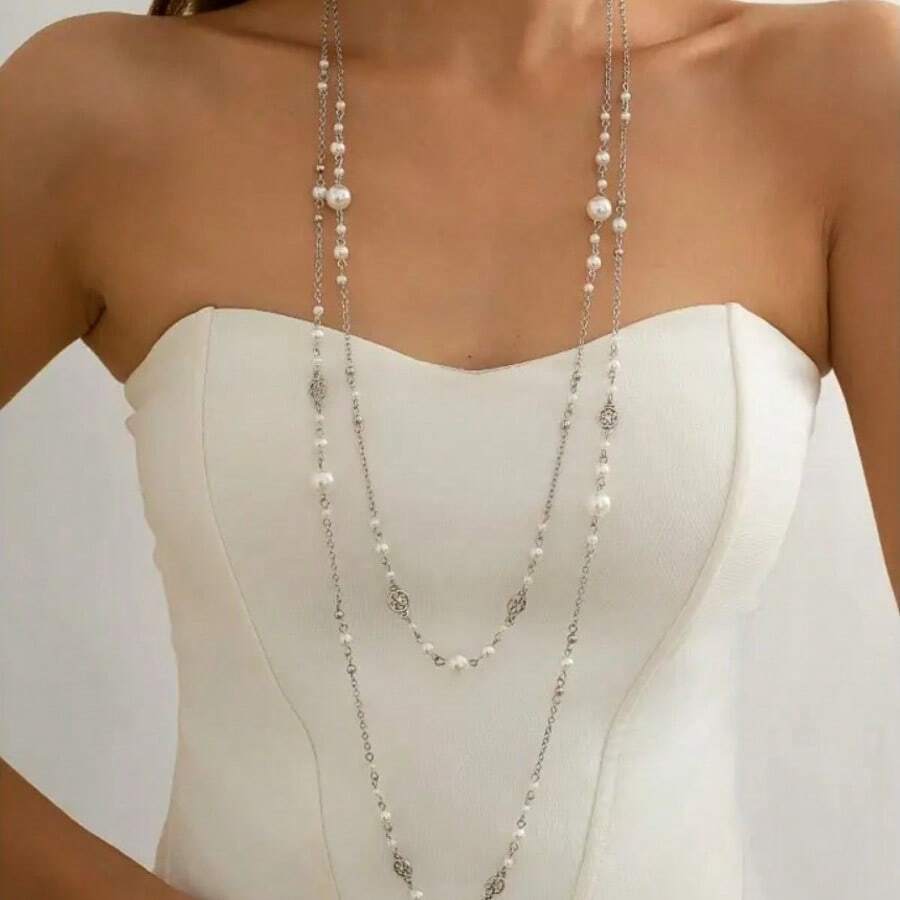 A Stylish Double-Layer Long Necklace Suitable For Daily And Party Occasions, Accessories Women's Gift - Daily Wear Wedding Party Date Party - Suitable For Best Friends - 銀色 - 查看 1