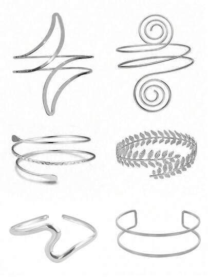 Brazaletes de mujer de aleación de hierro chapados en plata | Brazaletes de metal geométricos exagerados con hojas/espirales (set de 6 piezas u opción individual) - Estilo de vacaciones y playa