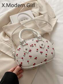 2025新款印花樱桃图案女士托特包，休闲单肩斜挎包，大容量