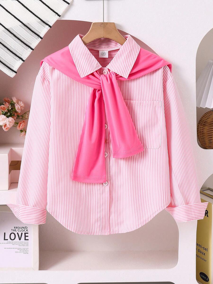 女童休闲条纹长袖披肩衬衫，春秋季 - 粉色 - 查看 1