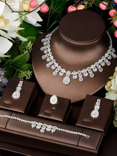 1 Conjunto Joias de Luxo com Zircônia Cúbica em Formato de Gota de Água Oco, Adequado para Uso em Casamentos Femininos