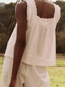 Women Sleeveless Lace Eyelet Crop Tank Top Square Neck Button Down Casual Vest Shirts Summer Boho Blouse - 白色 - 查看 3