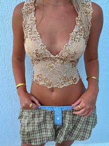 Women Y2k Lace Sheer Crop Tank Top Sleeveless Sparkle Sequin Floral Vest Tops Summer Sexy V-Neck Glitter Backless Crop Top Going Out Tops Slim Fit Shirt Summer Vacation Party Clubwear Vintage Aesthetic Clothes 90s - Màu Khaki - Xem 2