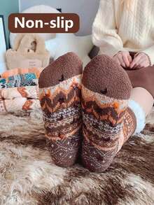 2 Pairs Of  Thick Winter Warm Socks, Middle Tube Socks, Silicone Anti Slip Floor Socks, Cold Resistant Home Retro Pattern Long Tube Sleep Socks - 彩色 - 查看 3