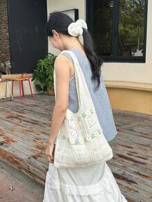 Túi móc len tối giản thiết kế rỗng, túi du lịch/học tập, dung tích lớn, dễ mang theo, phù hợp cho nữ sinh trung học, phụ nữ, sinh viên đại học, nữ nhân viên văn phòng, hoàn hảo cho công việc, tựu trường, học sinh trung học cơ sở, trung học phổ thông, đại học, kỳ nghỉ, v.v. - Màu be - Xem 3