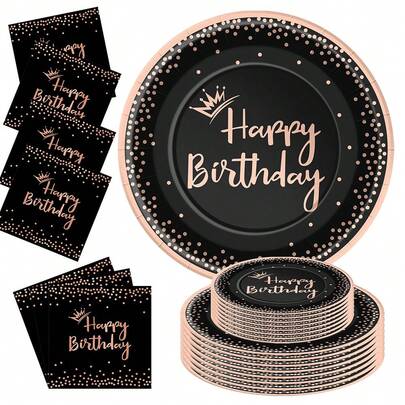 10/20/40 szt., czarne i różowozłote talerzyki urodzinowe i serwetki, artykuły imprezowe, dekoracje urodzinowe, czarne talerzyki deserowe, serwetki dla kobiet, jednorazowe upominki na urodziny, wesela, rocznice, zestawy obiadowe na imprezę, w tym papierowe talerzyki i serwetki