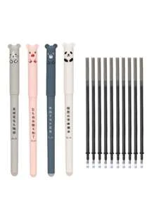4pcs Pens With 20pcs Refills, Needle Tube, 0.35mm Cartoon Animal Themed Erasable Gel Pen Set
