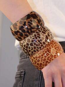 3 st/set trendiga runda armband i harts med leopardmönster för kvinnor, lämpliga för strand och resort - leopardtryck - Visa 1