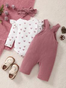 Set Baju Terusan Bayi Perempuan Leher Bulat Motif Bunga Kecil Lengan Panjang + Baju Terusan Celemek Bordir Telinga Kucing yang Menggemaskan + Bando - MultiWarna - View 2