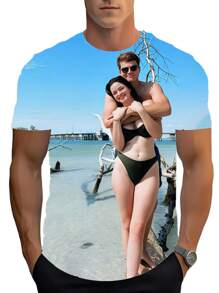 定制情侣 3D 印花 T 恤 - 透气舒适的涤纶面料，圆领，短袖 - 非常适合夏季休闲穿着和作为礼物，可定制 T 恤，双面定制。 - 彩色 - 查看 4